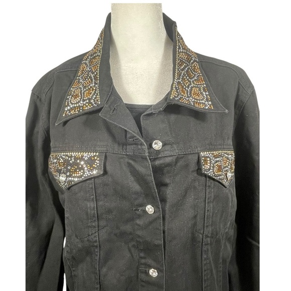 Size XL Black Denim Jean Jacket Animal Print  Embellished Bling Collar - Picture 3 of 11
